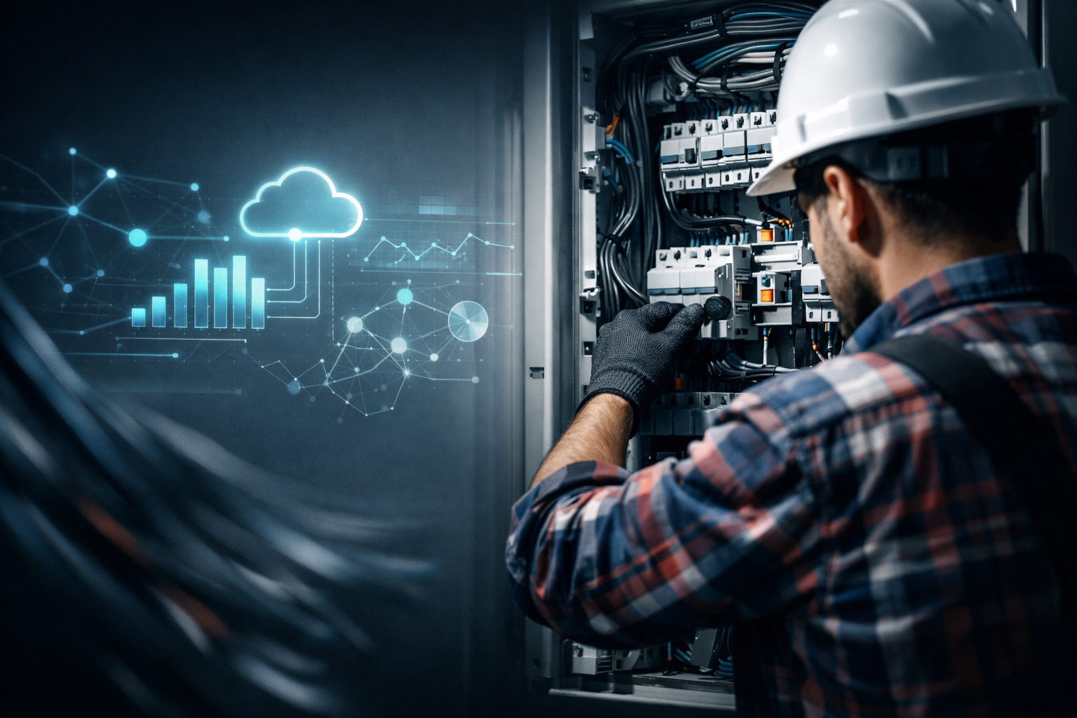 Photorealistic cinematic scene for a 169 hero banner right side shows a professional electrician in a hard hat and plaid shirt face obscured gloved ha